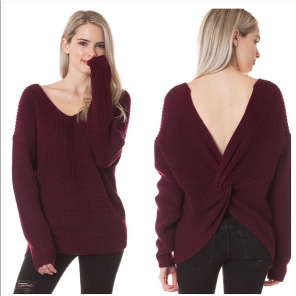Marai Nevaeh Boutique Sweaters - Last 1🍂 V-Neck Twisted Back Sweater-Wine 🍂